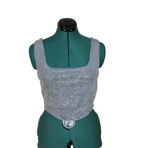 Y2K Rhinestone Studded Denim Bustier Crop Top Corset Style M